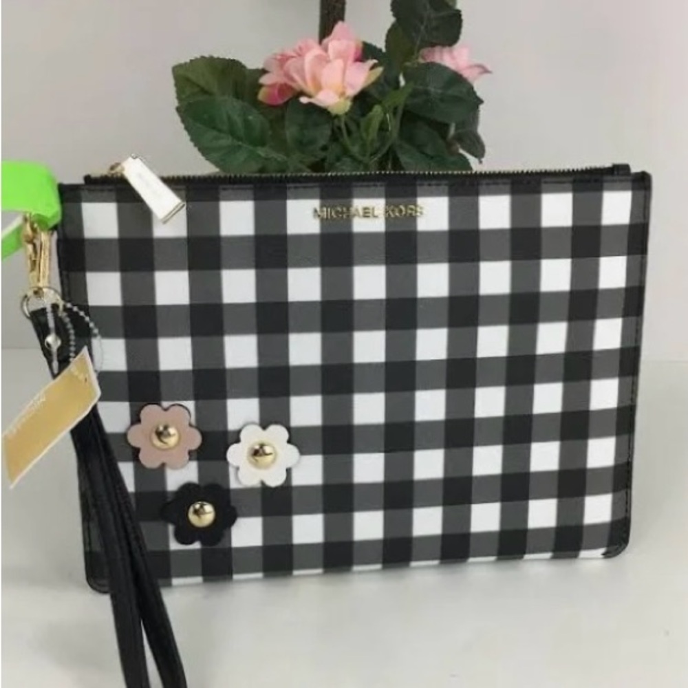 NWT Michael Kors MK Gingham Leather Med Zip Plaid Pouch Daisy Stud Wristlet Bag